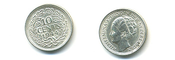 Нидерланды 10 центов 1944 S, Вильгельмина I (1890-1948) KM 163 серебро 84-942