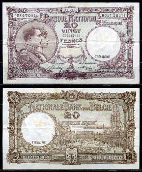 Бельгия 20 франков 1941 19.09.1941, Король Альберт I и его жена Королева Елизавета, Гран-Плас / Гроте Маркт, Брюссель Pick 111 (2) бумага 6301-31-2-1