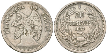 Чили 20 сентаво 1933 KM 167 медно-никель 4513-1113