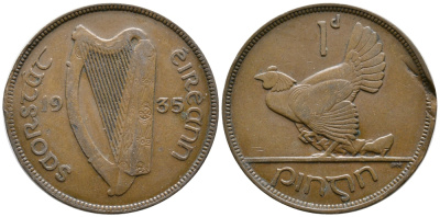 ИРЛАНДИЯ 1 ПЕННИ 1935 КУРИЦА С ЦЫПЛЯТАМИ KM 3 бронза 4110-112
