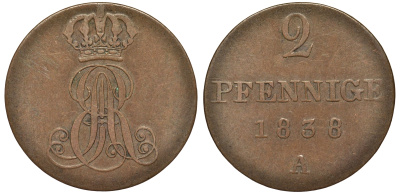 Ганновер 2 пфеннига 1838 A, Эрнст Август (1837-1851) KM 174.1, AKS 122, J. 55 медь 4681-1215