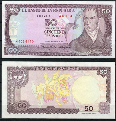 Колумбия 50 песо 1986 Камило Торрес Тенорио, орхидеи  Pick 425 b  бумага  UNC (пресс) 447-74-1-3