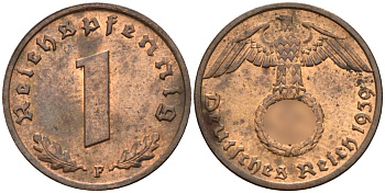 Германия 1 рейхспфенниг 1939 F KM 89, J. 361 бронза 4147-1218