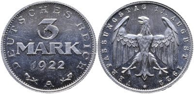Германия 3 марки 1922 A, третья годовщина Веймарской Конституции KM 29, J. 303 алюминий PROOF 1515-145