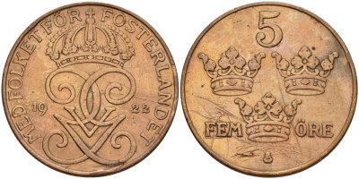 Швеция 5 эре 1922 Густав V (1907-1950) KM 779.2 бронза 4148-231