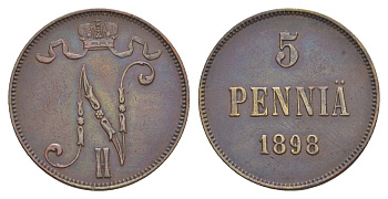 Россия для Финляндии 5 пенни 1898 Николай II (1894-1917) Биткин 443 медь 1520-1033