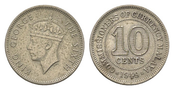 Британская Малайя 10 центов 1949 Георг VI (1936-1952) KM 8 медно-никель 4623-531