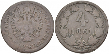 АВСТРИЯ 4 КРЕЙЦЕРА 1861 А, ФРАНЦ ИОСИФ (1848-1916) KM 2194 медь 3457-433