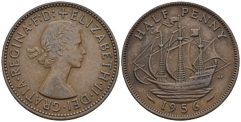 Великобритания 1/2 пенни 1956 Елизавета II (1952-2022) KM 896, Spink 4158 бронза 177-725