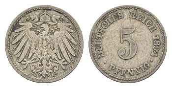 Германия 5 пфеннигов 1894 A, Вильгельм II (1888-1918) KM 11, J. 12 медно-никель 4639-1261