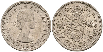Великобритания 6 пенсов 1962 Елизавета II (1952-2022) KM 903, Spink 4149 медно-никель 4596-1045