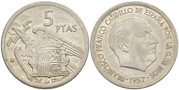 ИСПАНИЯ 5 ПЕСЕТ 1957 (69) ФРАНСИСКО ФРАНКО ДИКТАТОР ИСПАНИИ ( 1939- 1975) KM 786 медно-никель 216-643
