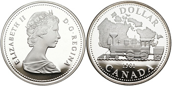 Канада 1 доллар 1981 Трансконтинентальная железная дорога, паровоз KM 130 серебро UNC 1095-4-62