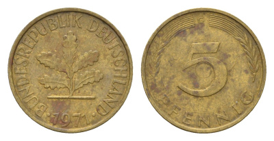 ФРГ 5 пфеннигов 1971 G KM 107, J. 382 сталь плакированная латунью 4618-1064