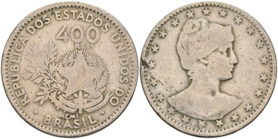 Бразилия 400 рейс 1901 голова свободы вправо KM 505 медно-никель 4367-233