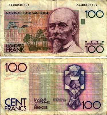 БЕЛЬГИЯ 100 ФРАНКОВ 1982-1994 ПОДПИСЬ (5 И 14), АРХИТЕКТОР ХЕНДРИК БЕЙЕРТ Pick 142а бумага 7219-17-3-2