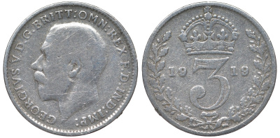 Великобритания 3 пенса 1919 Георг V (1910-1936) KM 813, Spink 4015 серебро 4124-639