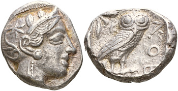 Аттика, Афины тетрадрахма 454 - 413 гг. до н.э. Голова Афины в шлеме / сова, слева оливковая ветвь и полумесяц, 17,26 гр, (ex: Classical Numismatic Group, Auction 209, 01.03.2010) Kroll 8; SNG Copenhagen 31 серебро 10-020-10