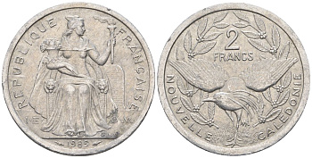 Французская Новая Каледония 2 франка 1989 птица кагу, (IEOM) KM 14, Schoen 11, Lec 65 алюминий    27-1111