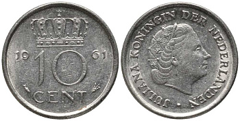 НИДЕРЛАНДЫ 10 ЦЕНТОВ 1961 ЮЛИАНА KM 182 никель 112-734
