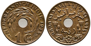 Нидерландская Восточная Индия 1 цент 1945 р, Вильгельмина (1890-1948) KM 317 бронза UNC 4610-1026