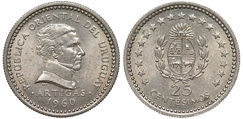 Уругвай 25 сентесимо 1960 KM 40 медно-никель 4580-835