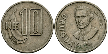 Уругвай 10 песо 1981 Хосе Хервасио Артигас KM 79, Schoen  55 медно-никель 4111-1014