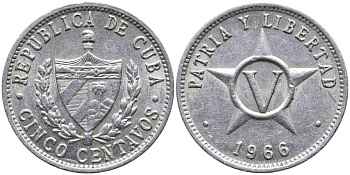 Куба 5 сентаво 1966 звезда, вторая республика (1962- ) KM 34 алюминий 3336-755
