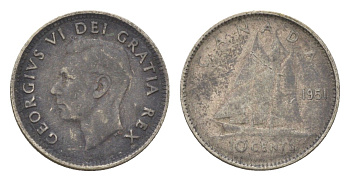 Канада 10 центов 1951 Георг VI (1936-1952) KM 43 серебро 4623-866