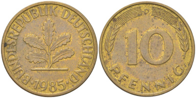 ФРГ 10 пфеннигов 1985 D KM 108 сталь плакированная латунью 4613-1236