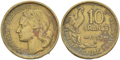 Франция 10 франков 1953 В, петух KM 915.2, Le Franc 363.9 алюминиевая бронза 4525-1014