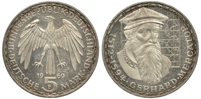 ФРГ 5 марок 1969 F, 375 лет со дня смерти Герарда Меркатора J. 400, KM 126.1 серебро 413-3223