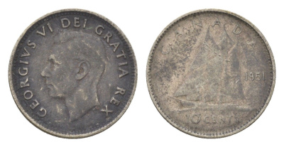 Канада 10 центов 1951 Георг VI (1936-1952) KM 43 серебро 4623-866