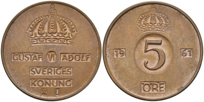Швеция 5 эре 1961 Густав VI Адольф (1950-1973) KM 822 бронза 4526-1146