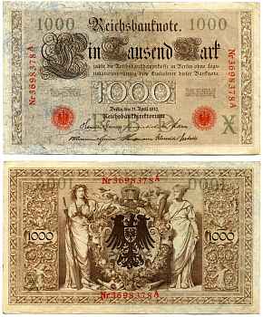 Германия 1000 марок 1910 21 апреля 1910, красная печать, номер семизначный, серия A, буква X, выпуск АПРЕЛЬ - ИЮЛЬ 1918 Pick 44, Роземберг 45b бумага VF- 2194-23-1-1