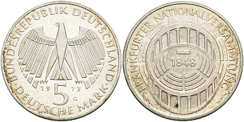 ФРГ 5 МАРОК 1973 G, 125 ЛЕТ ФРАНКФУРТСКОМУ ПАРЛАМЕНТУ KM 137, J. 412 серебро UNC 75-313