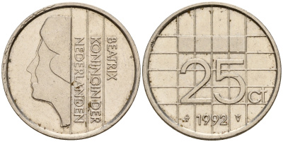 Нидерланды 25 центов 1992 Беатрикс (1980-2013) KM 204 никель    4598-321