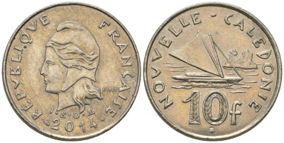 Французская Новая Каледония 10 франков 2014 рыбачья парусная лодка, (IEOM) KM 11a, Schoen 13a, Lec 99k медно-никель 67-1134