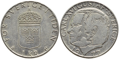 Швеция 1 крона 1977 Карл XVI Густав (1973- ) KM 852 медь плакированная медно-никелем 4397-151