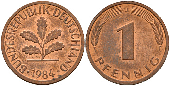 ФРГ 1 пфенниг 1984 J KM 105, J. 380 сталь плакированная медью    4598-632