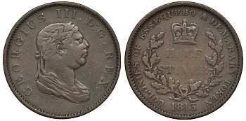 Эссекибо и Демерари, Британская Гвиана 1/2 стивер 1813 Георг III KM 9 медь 1526-525