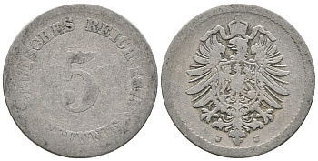 ГЕРМАНИЯ 5 ПФЕННИГОВ 1875 J, СТАРОГЕРБОВКА KM 3, J. 3 медно-никель 39-353