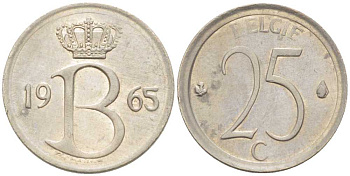Бельгия 25 сантимов 1965 Belgie, Бодуэн I (1951-1993) KM 154.1 медно-никель 214-143