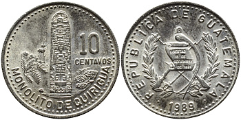 Гватемала 10 сентаво 1989 монолиты Киригуа KM 277.5 медно-никель UNC 00-00