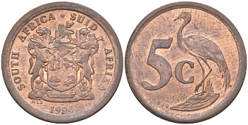 ЮАР 5 центов 1994 РАЙСКИЙ ЖУРАВЛЬ KM 134 сталь плакированная медью 219-1242
