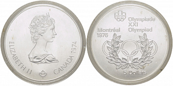 Канада 5 долларов 1974 XXI летние Олимпийские игры в Монреале 1976 года, Олимпийские кольца KM 89 серебро UNC 11-177-41