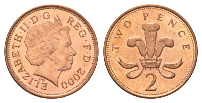 Великобритания 2 пенса 2000 Елизавета II (1952-2022) KM 987, Spink 4690 (C5) сталь плакированная медью UNC 4628-811