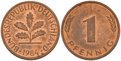 ФРГ 1 пфенниг 1984 J KM 105, J. 380 сталь плакированная медью    4598-632