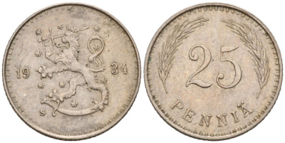 ФИНЛЯНДИЯ 25 ПЕННИ 1934 S KM 25 медно-никель 192-1155