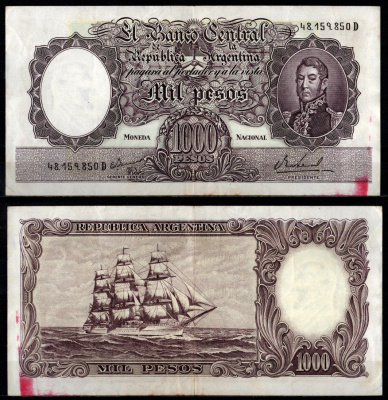 Аргентина 1000 песо ND (1966-1969) Pick 279 (3) бумага 7548-87-1-2